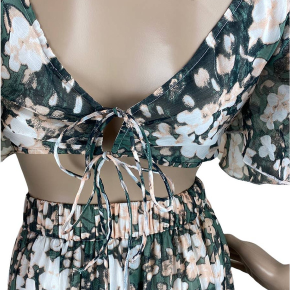 New ASOS Design Green Peach Blurred Floral Print Tie Front Cutout Midi Dress 8 - Picture 9 of 11